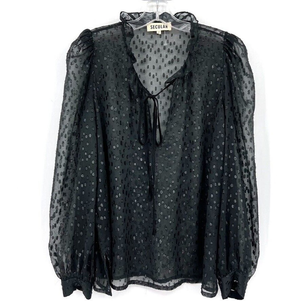 Secular Black Metallic Sheer Ruffle Tie Neck Blouse Size Small Button Cuffs USA